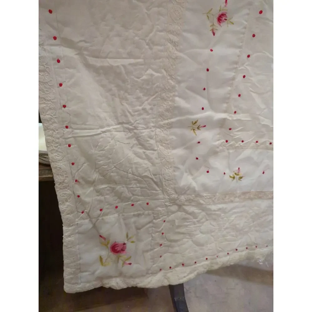 comforter Quilt NEEDS REPAIR shabby chic pink green cream 80